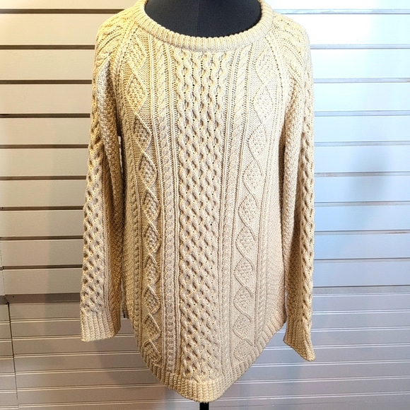 L.L. Bean Signature Fisherman Tunic Cable Knit Sweater Side Zip Cotton Med Cream - Picture 3 of 9